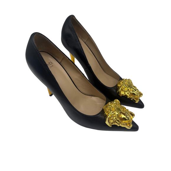 Versace Leather La Medusa Embellished Pointed Toe Pumps Heels Black Size 36 - Picture 2 of 10